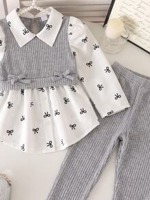 SHEIN Elladie kids 少女學院風蝴蝶結印花泡泡袖拼接軟絨羅紋2合1上衣與鬆緊腰彈性長褲兩件套，秋季時尚休閒穿搭，適合學校、戶外、運動與姊妹聚會 - 灰色 - 查看 7