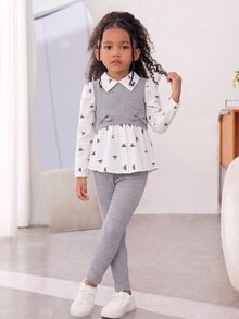 SHEIN Elladie kids 少女學院風蝴蝶結印花泡泡袖拼接軟絨羅紋2合1上衣與鬆緊腰彈性長褲兩件套，秋季時尚休閒穿搭，適合學校、戶外、運動與姊妹聚會 - 灰色 - 查看 6