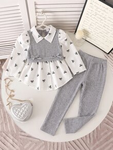 SHEIN Elladie kids 少女學院風蝴蝶結印花泡泡袖拼接軟絨羅紋2合1上衣與鬆緊腰彈性長褲兩件套，秋季時尚休閒穿搭，適合學校、戶外、運動與姊妹聚會 - 灰色 - 查看 4