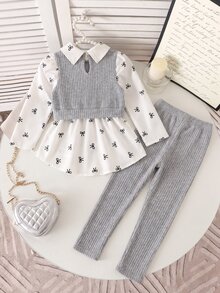SHEIN Elladie kids 少女學院風蝴蝶結印花泡泡袖拼接軟絨羅紋2合1上衣與鬆緊腰彈性長褲兩件套，秋季時尚休閒穿搭，適合學校、戶外、運動與姊妹聚會 - 灰色 - 查看 3