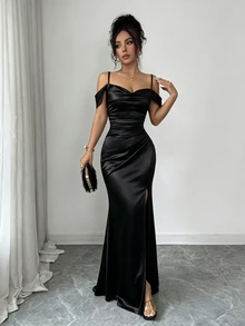 Elenzga Women's Solid Color Off-Shoulder Split Design Elegant Waist-Cinching Long Dress - Black - View 6