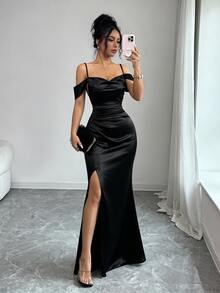 Elenzga Women's Solid Color Off-Shoulder Split Design Elegant Waist-Cinching Long Dress - Black - View 5