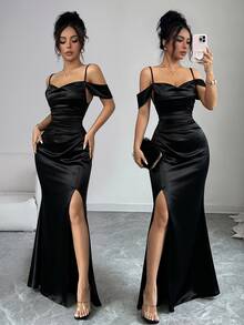 Elenzga Women's Solid Color Off-Shoulder Split Design Elegant Waist-Cinching Long Dress - Black - View 1