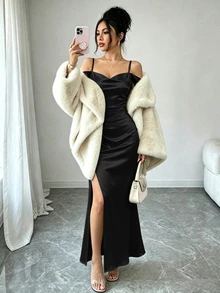 Elenzga Women's Solid Color Off-Shoulder Split Design Elegant Waist-Cinching Long Dress - Black - View 3