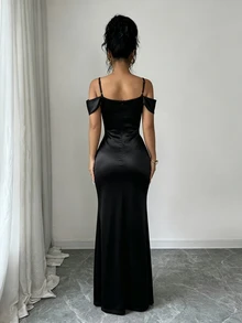 Elenzga Women's Solid Color Off-Shoulder Split Design Elegant Waist-Cinching Long Dress - Black - View 2