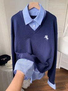 Comfortcana Women's 2-In-1 Shirt Collar Striped Sweater, Preppy Urban Renaissance Street Style, Casual Fashion Creative Personalized Streetwear Work Tops - Navy Blue - View 4
