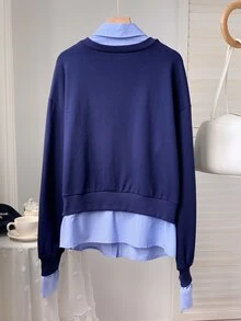 Comfortcana Women's 2-In-1 Shirt Collar Striped Sweater, Preppy Urban Renaissance Street Style, Casual Fashion Creative Personalized Streetwear Work Tops - Navy Blue - View 2