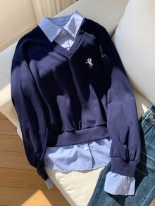 Comfortcana Women's 2-In-1 Shirt Collar Striped Sweater, Preppy Urban Renaissance Street Style, Casual Fashion Creative Personalized Streetwear Work Tops - Navy Blue - View 5
