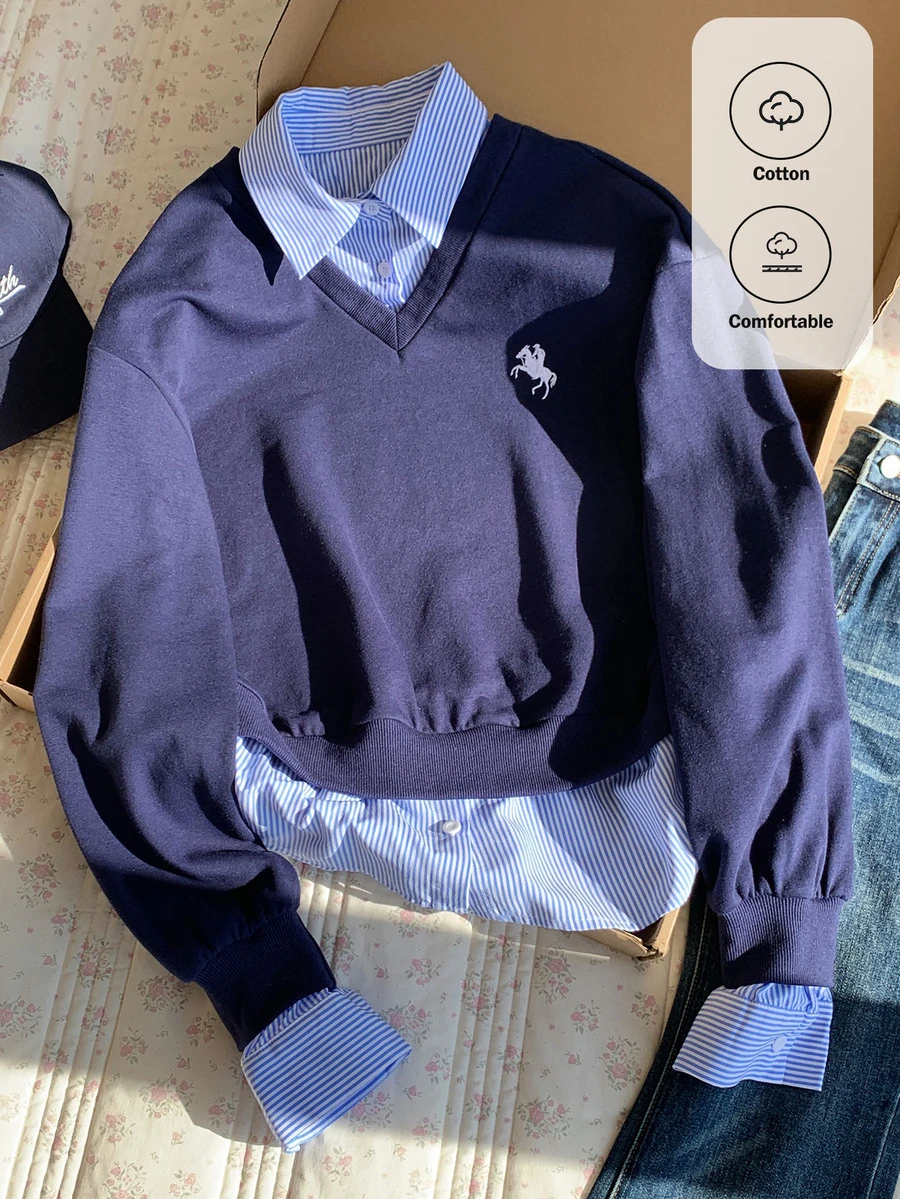 Comfortcana Women's 2-In-1 Shirt Collar Striped Sweater, Preppy Urban Renaissance Street Style, Casual Fashion Creative Personalized Streetwear Work Tops - Navy Blue - View 1