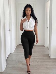 BamGleam Solid Color Seamless Knit Sexy Athleisure Basic Casual Slit Fitted Capri Pants Gym Black Summer Workout - Black - View 4