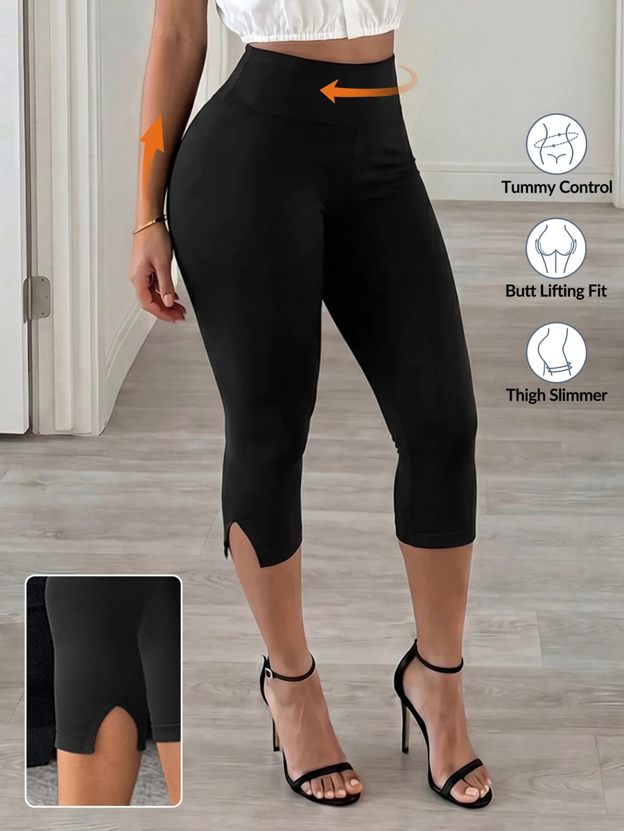 BamGleam Solid Color Seamless Knit Sexy Athleisure Basic Casual Slit Fitted Capri Pants Gym Black Summer Workout