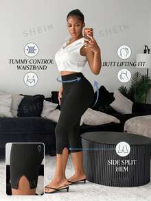 BamGleam Solid Color Seamless Knit Sexy Athleisure Basic Casual Slit Fitted Capri Pants Gym Black Summer Workout - Black - View 9