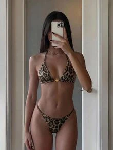SHEIN Swim 2026新款女士时尚撞色豹纹性感金属贝壳装饰露背挂脖比基尼套装，适合海滩度假、夜间海滩派对 - 彩色 - 查看 3