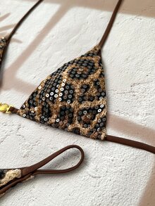 SHEIN Swim 2026新款女士时尚撞色豹纹性感金属贝壳装饰露背挂脖比基尼套装，适合海滩度假、夜间海滩派对 - 彩色 - 查看 6