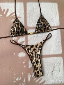 SHEIN Swim 2026新款女士时尚撞色豹纹性感金属贝壳装饰露背挂脖比基尼套装，适合海滩度假、夜间海滩派对 - 彩色 - 查看 5