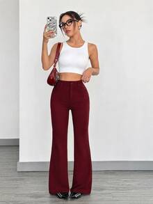 Solflare Plus Size Women Solid Color Casual Versatile Daily Wear Long Pants - Burgundy - View 3