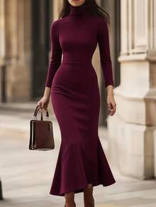 SHEIN New Vintage Commuter Date Burgundy High Neck Slim Fit Women's Long Knit Dress With Mermaid Hem - Burgundy - View 2