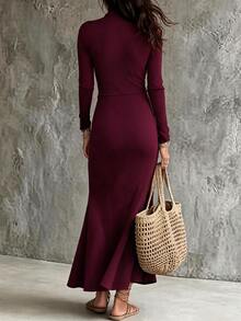 SHEIN New Vintage Commuter Date Burgundy High Neck Slim Fit Women's Long Knit Dress With Mermaid Hem - Burgundy - View 3