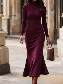SHEIN New Vintage Commuter Date Burgundy High Neck Slim Fit Women's Long Knit Dress With Mermaid Hem - Burgundy - View 4