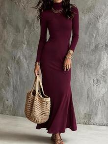 SHEIN New Vintage Commuter Date Burgundy High Neck Slim Fit Women's Long Knit Dress With Mermaid Hem - Burgundy - View 6