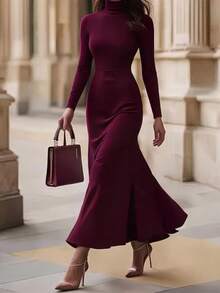 SHEIN New Vintage Commuter Date Burgundy High Neck Slim Fit Women's Long Knit Dress With Mermaid Hem - Burgundy - View 5