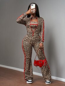 Slaydiva Women's Red And Leopard Print 3 Piece Set For Autumn,Everyday Cow Boy Style Slim Fit Long Sleeve T-Shirt,Vest & Flare Pants Casual Suit For Travel - Multicolor - View 4