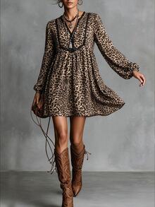 LanaWest Vintage Leopard Print V-Neck Lace Patchwork Dress LilyWest-D - Brown - View 3