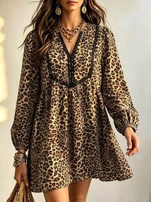 LanaWest Vintage Leopard Print V-Neck Lace Patchwork Dress LilyWest-D - Brown - View 8