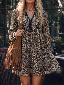 LanaWest Vintage Leopard Print V-Neck Lace Patchwork Dress LilyWest-D - Brown - View 7