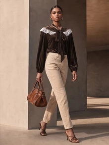 SHEIN Veneréa 女款優雅蕾絲拼接天鵝絨襯衫 - 彩色 - 查看 6