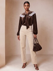 SHEIN Veneréa 女款優雅蕾絲拼接天鵝絨襯衫 - 彩色 - 查看 5