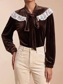 SHEIN Veneréa 女款優雅蕾絲拼接天鵝絨襯衫 - 彩色 - 查看 4