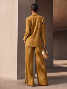 SHEIN Veneréa Women's Solid Color Knot Design Long Sleeve Top And Pleated Wide Leg Pants Elegant Set - Yellow - View 2