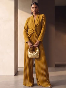 SHEIN Veneréa Women's Solid Color Knot Design Long Sleeve Top And Pleated Wide Leg Pants Elegant Set - Yellow - View 6
