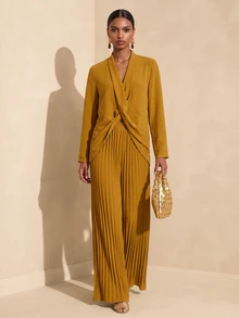 SHEIN Veneréa Women's Solid Color Knot Design Long Sleeve Top And Pleated Wide Leg Pants Elegant Set - Yellow - View 4