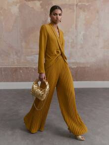 SHEIN Veneréa Women's Solid Color Knot Design Long Sleeve Top And Pleated Wide Leg Pants Elegant Set - Yellow - View 5