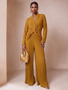 SHEIN Veneréa Women's Solid Color Knot Design Long Sleeve Top And Pleated Wide Leg Pants Elegant Set - Yellow - View 7