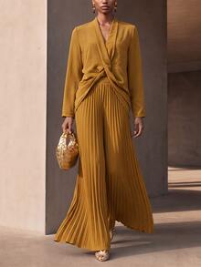 SHEIN Veneréa Women's Solid Color Knot Design Long Sleeve Top And Pleated Wide Leg Pants Elegant Set - Yellow - View 1