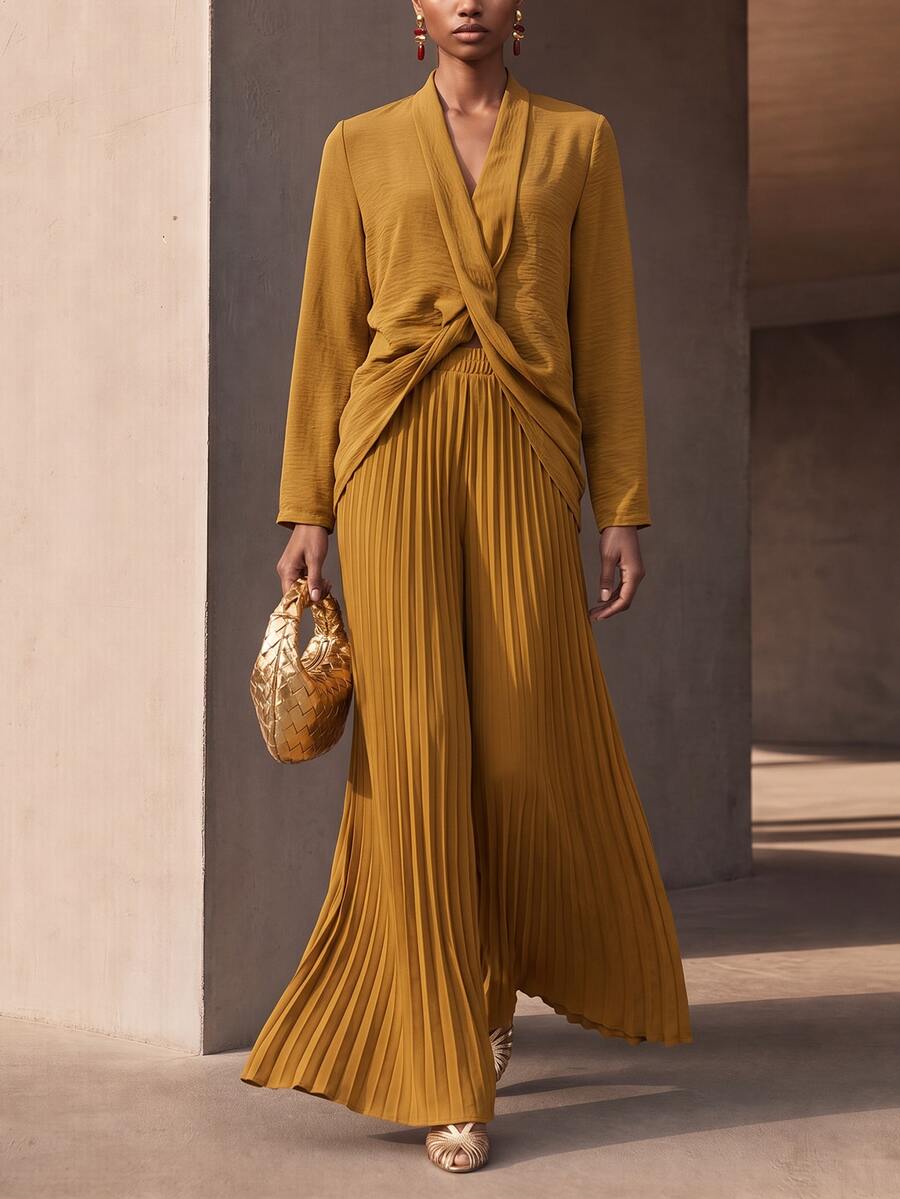 SHEIN Veneréa Women's Solid Color Knot Design Long Sleeve Top And Pleated Wide Leg Pants Elegant Set - Yellow - View 1
