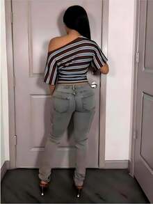 Slaydiva 女士夏季时尚不对称条纹领T恤 - 彩色 - 查看 2