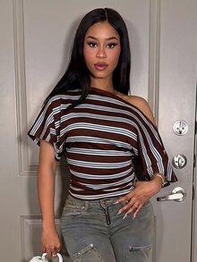 Slaydiva 女士夏季时尚不对称条纹领T恤 - 彩色 - 查看 3