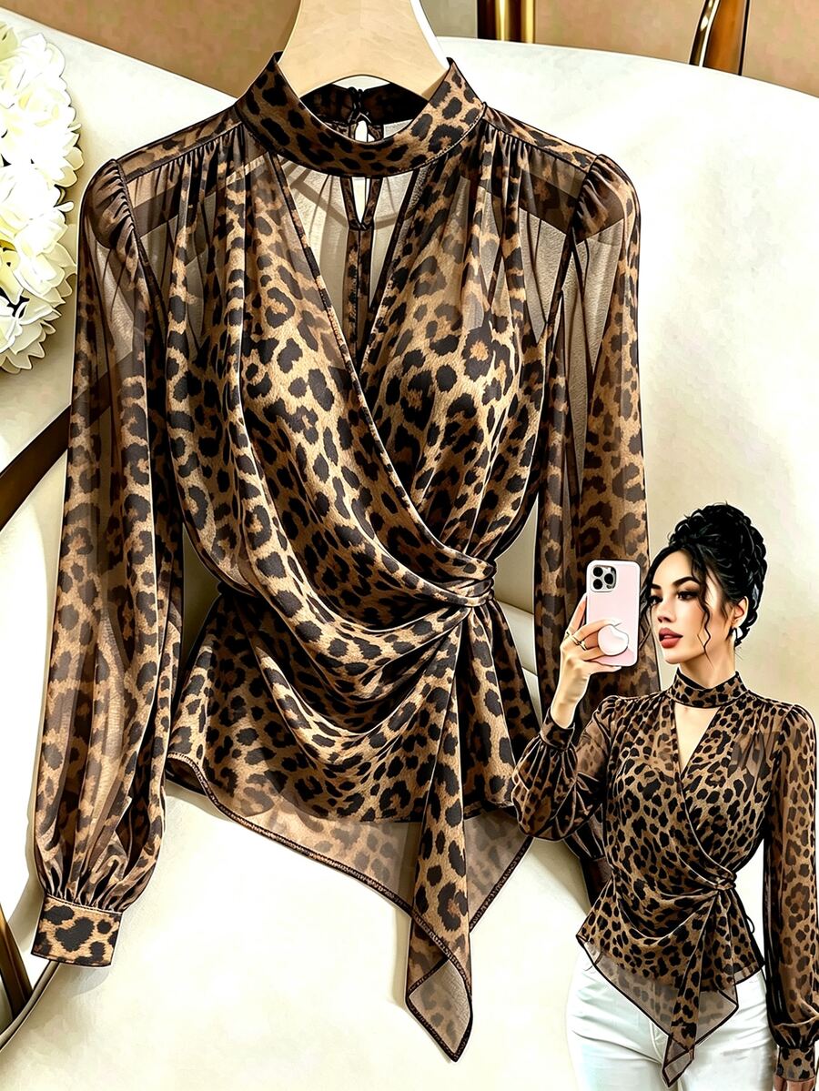 SHEIN Franclia Elegant Stand Collar Chiffon Tie-Front Blouse For Women, Suitable For Commuting And Dating - Brown - View 1