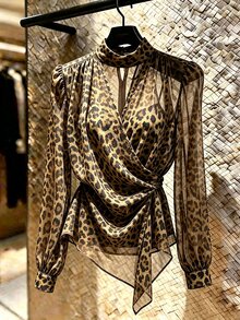 SHEIN Franclia Elegant Stand Collar Chiffon Tie-Front Blouse For Women, Suitable For Commuting And Dating - Brown - View 4