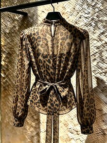 SHEIN Franclia Elegant Stand Collar Chiffon Tie-Front Blouse For Women, Suitable For Commuting And Dating - Brown - View 2