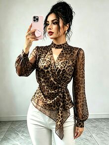 SHEIN Franclia Elegant Stand Collar Chiffon Tie-Front Blouse For Women, Suitable For Commuting And Dating - Brown - View 3