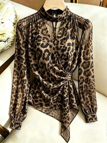 SHEIN Franclia Elegant Stand Collar Chiffon Tie-Front Blouse For Women, Suitable For Commuting And Dating - Brown - View 6