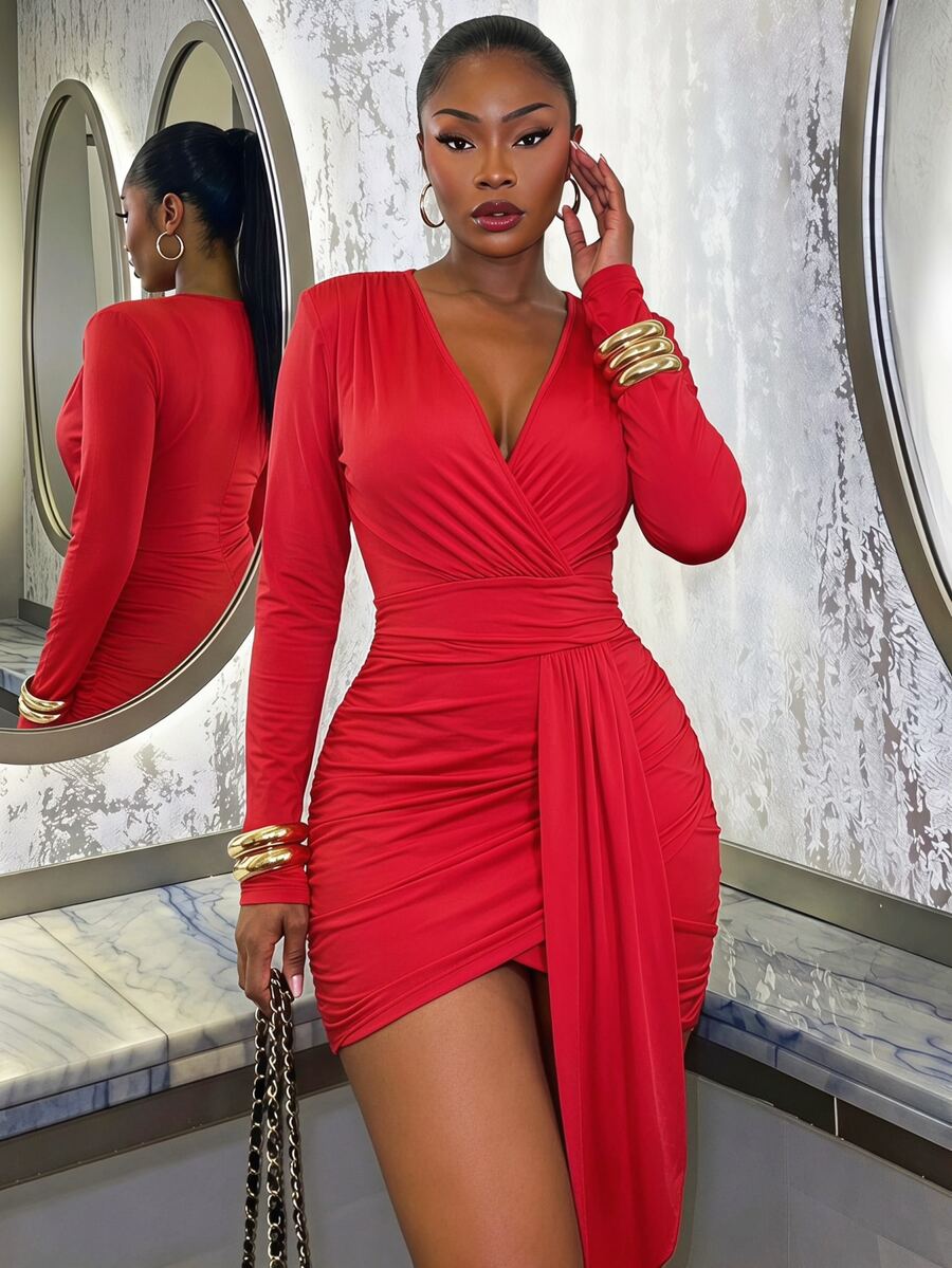 SHEIN SXY Red High Elasticity Knit Deep V-Neck Ruched Ribbon Long Sleeve Mini Dress Fall - Red - View 1