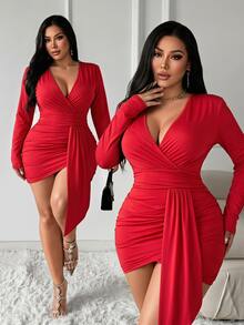 SHEIN SXY Red High Elasticity Knit Deep V-Neck Ruched Ribbon Long Sleeve Mini Dress Fall - Red - View 2