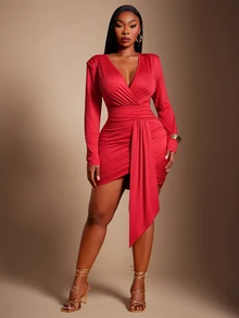 SHEIN SXY Red High Elasticity Knit Deep V-Neck Ruched Ribbon Long Sleeve Mini Dress Fall - Red - View 4