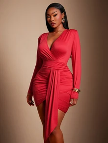 SHEIN SXY Red High Elasticity Knit Deep V-Neck Ruched Ribbon Long Sleeve Mini Dress Fall - Red - View 6